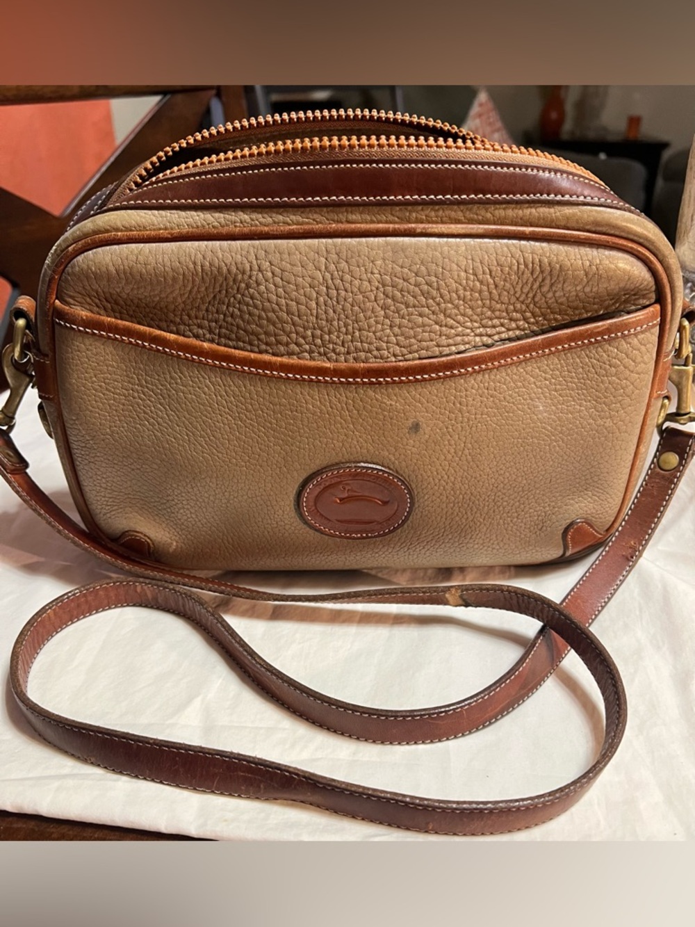 Dooney & Bourke Tan and Brown Pebbled Leather Crossbody Bag